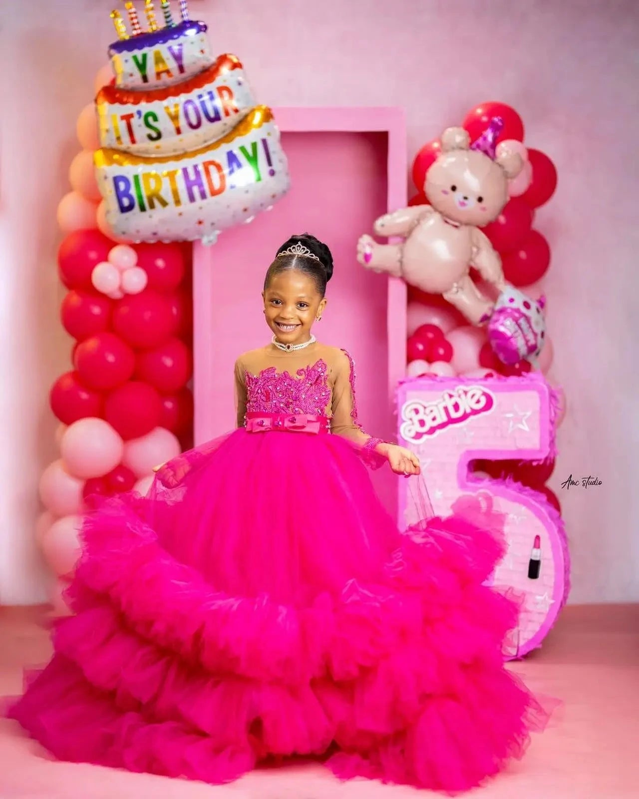 Fuchsia Princess Girls Birthday Party Dress Tiered Ruffles GlowCart