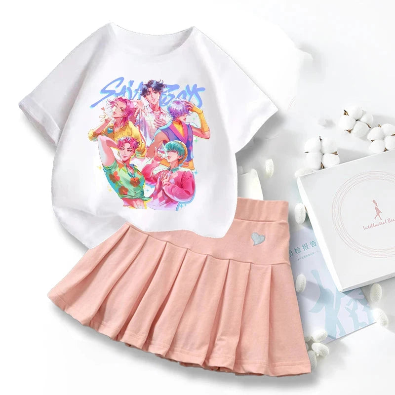 New K Pop Demon Hunters T-shirts Skirt Set Kawaii Cartoon Graphic T-shirt Kids Casual Short Sleeves Tops Summer Girl Clothes GlowCart