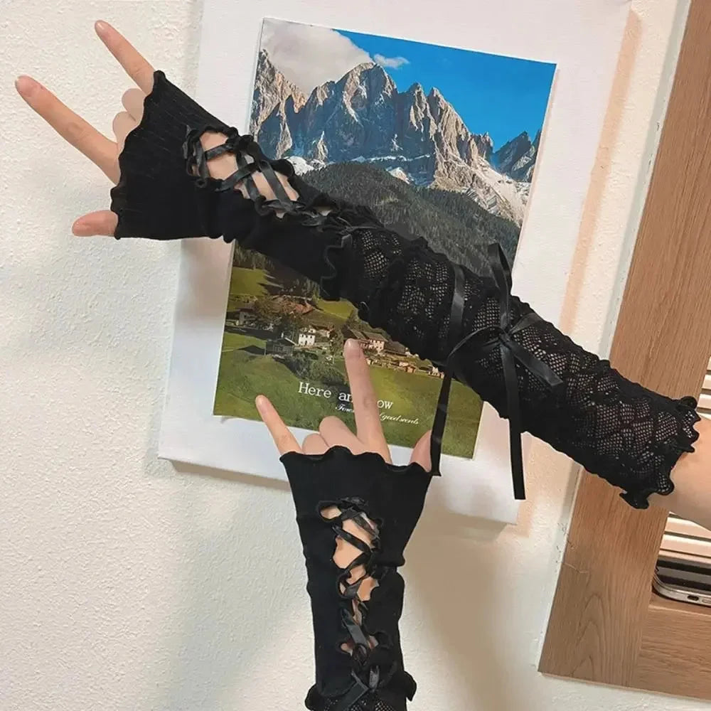Women Lolita Jk Lace Fingerless Gloves Black Gothic DIY GlowCart