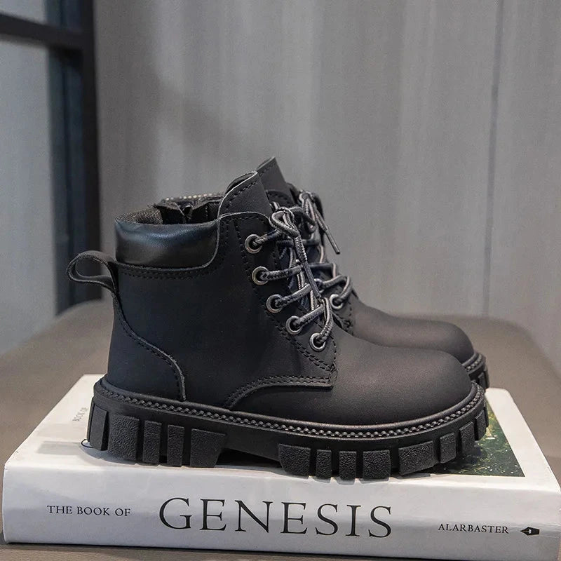 Fashion Boy Girl Short Boots Non-Slip British Style Boots Children's Side Zipper Design Single Boots Leather Boots Anti-skid GlowCart