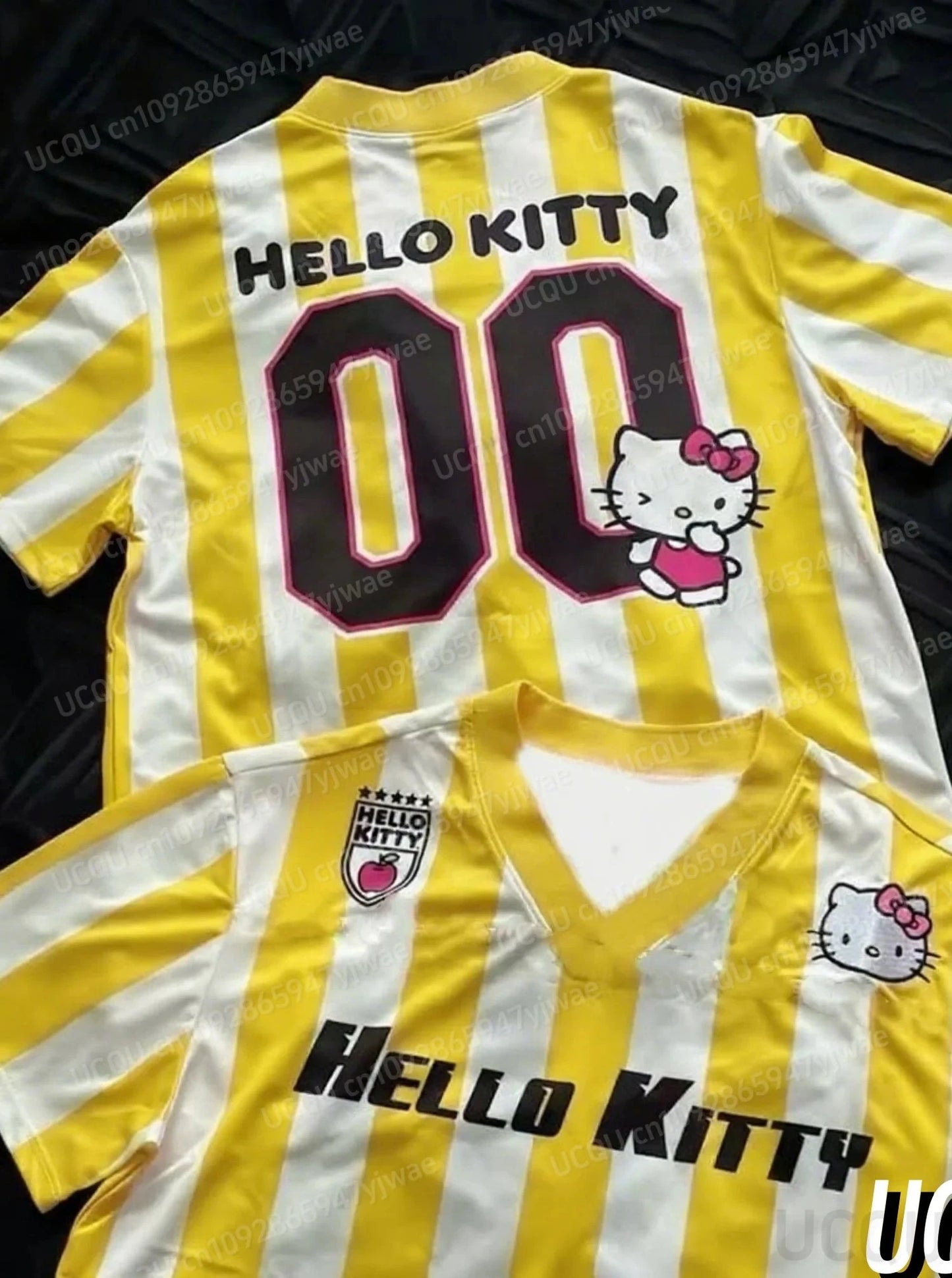 2025 Women HELLO KITTY STRIPE Print V-Neck Short Sleeve GlowCart