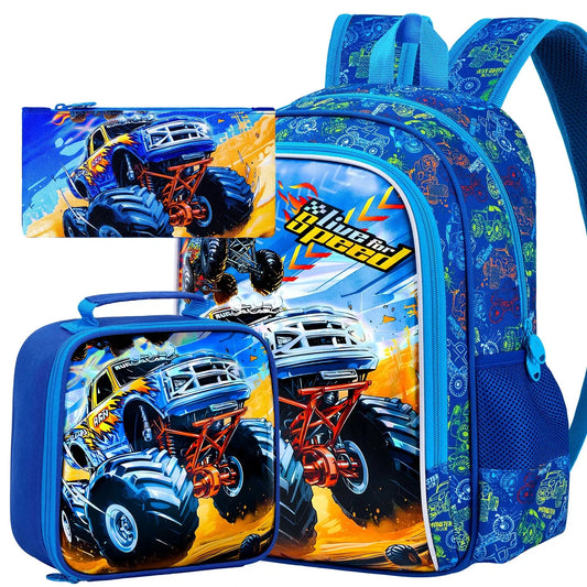 3PCS Boys Truck Backpack, Kids Car Bookbag with Lunch Box, Water Resistant School Bag for Elementary Preschool Toddler GlowCart