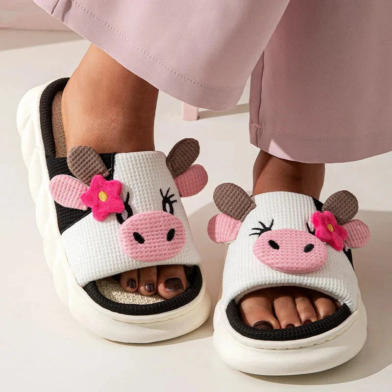 Cartoon Cute Cow House Slippers Women Platform Soft Sole GlowCart