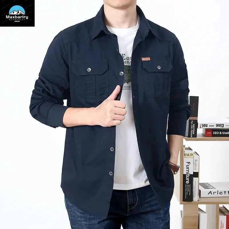 High-quality washed cotton shirt men's long-sleeved lapel GlowCart