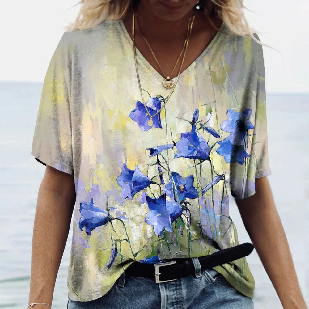 Women's T Shirts V-neck 3d Art Print Tops Loose Short Sleeve GlowCart