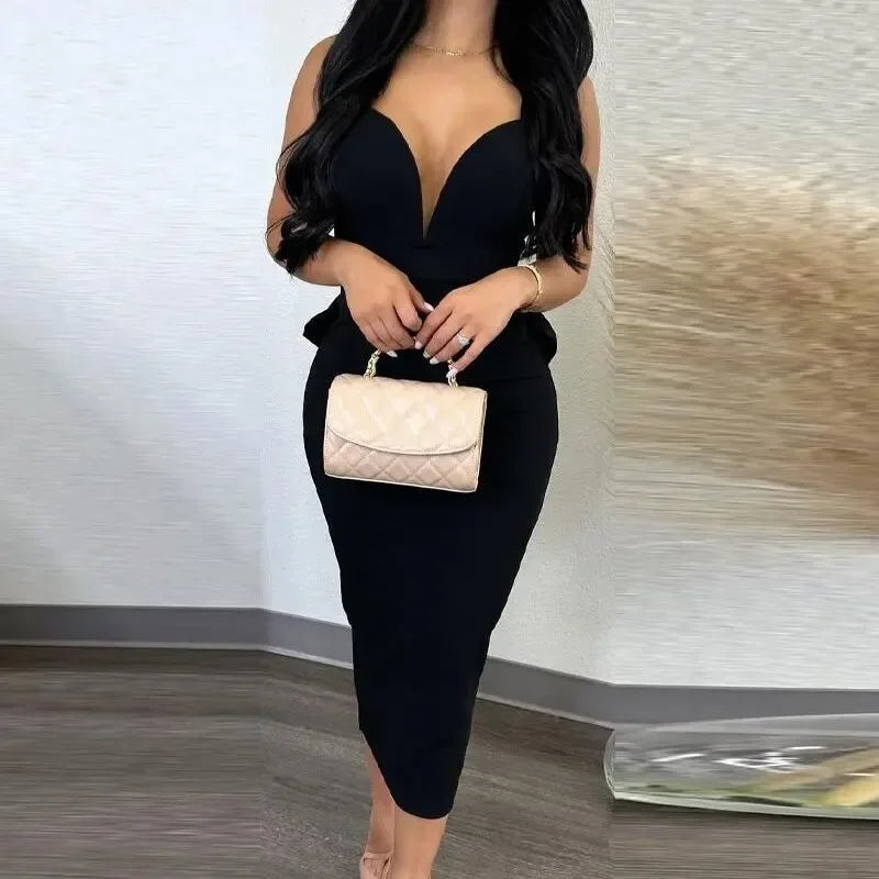 Dress for Women Streetwear Elegant Solid Color Hip Wrap Open Back Deep V High Waist Split Bodycon Dresses 2024 Spring and Summer GlowCart