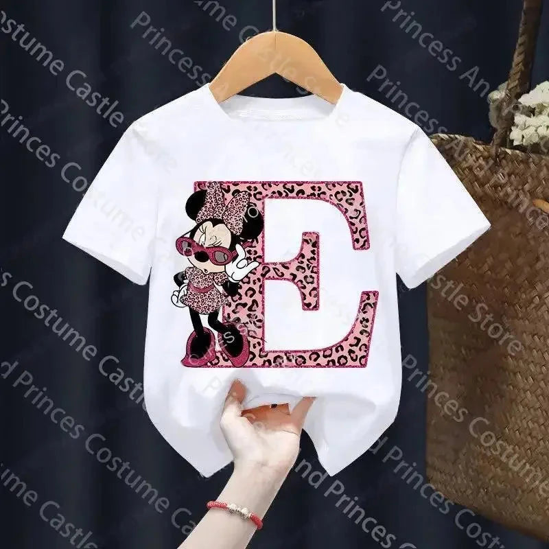 Letter A-Z Minnie Children  T-Shirts Name Combination Disney Kawaii Cartoons Clothes Kids Little Boy Girl Tee Shirts Casua GlowCart