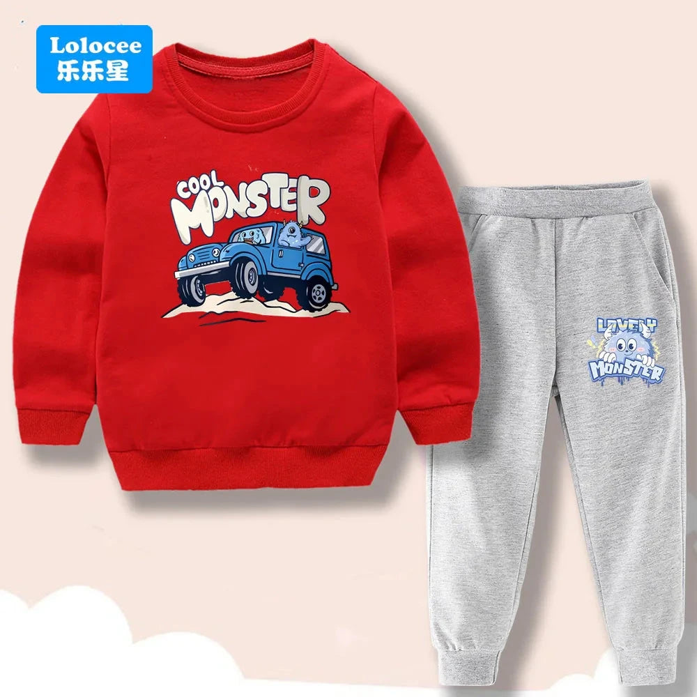 Spring/Autumn Children's Clothing Sets Cartoon Monster Print Boys' O Neck Sweatshirt Pants Two Piece Pullover Set for Kids GSJX1 GlowCart