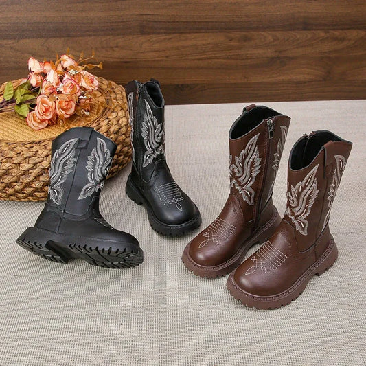 Children Leather Boots Classic Cowboy Embroidery Girls Long Booties Kids Winter Round Toe Soft Snow Shoes Fashion Snow Boots GlowCart