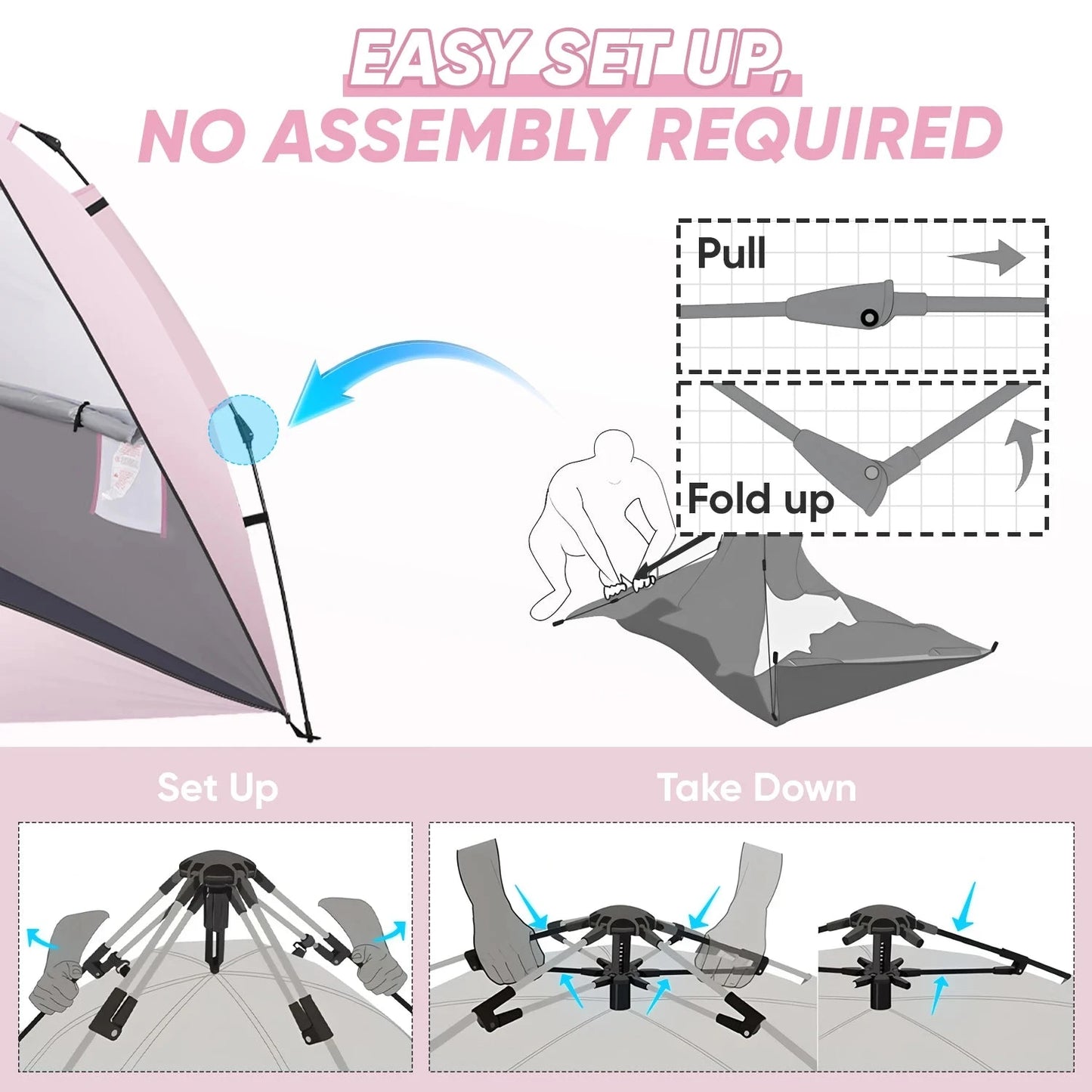 Beach Tent Sun Shelter Pop up Beach Tent Canopy for 4/5/6 GlowCart