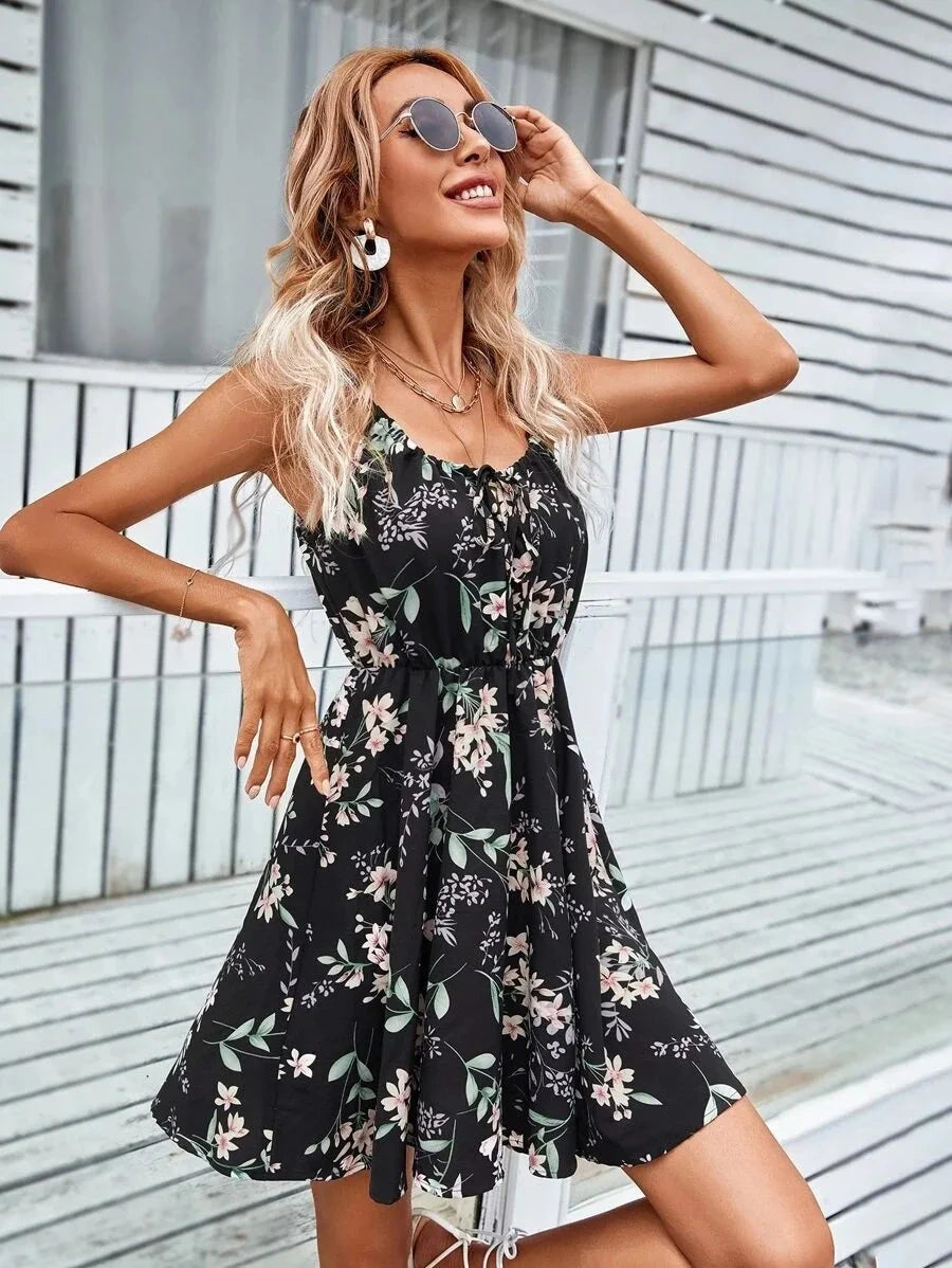Sexy Floral Print Short Dress Women Summer Fashion Black GlowCart