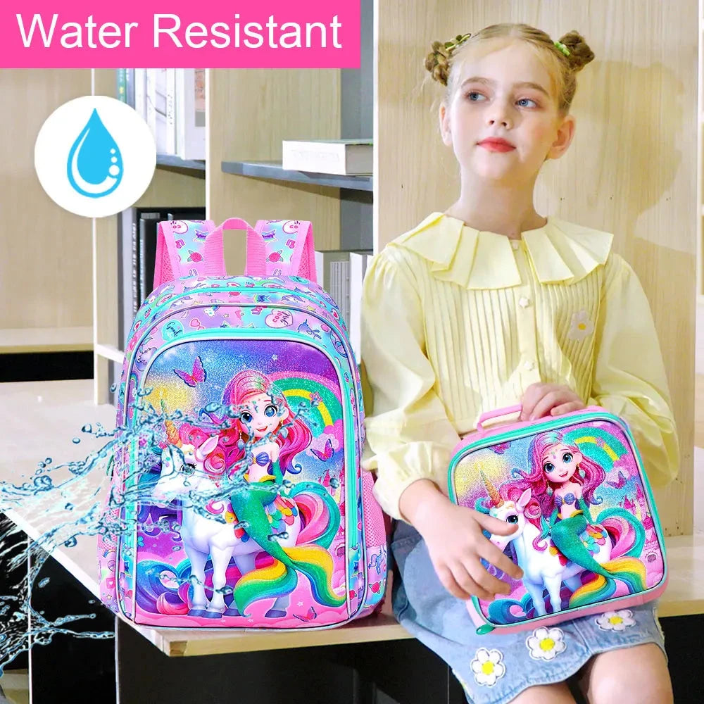 3PCS Mermaid Backpack for Girls, 16" Kids Backpacks Water Resistant with Lunch Box, Bookbag for Elementary Preschool GlowCart