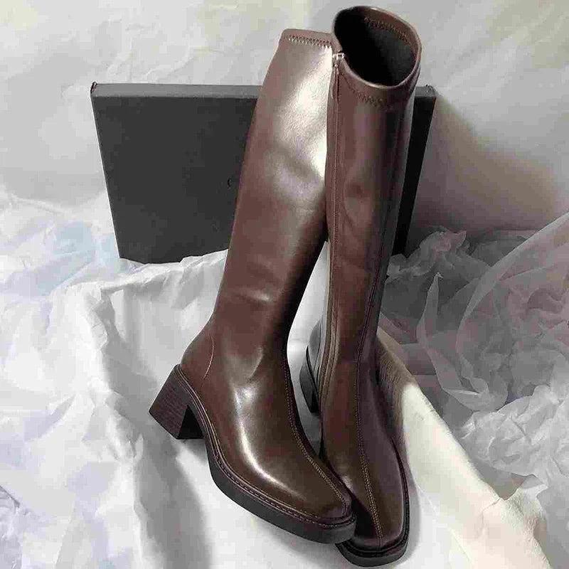 Vintage Thick Heel Women Knee High Boots Fashion Side GlowCart