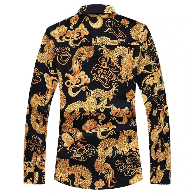 Thin Black Men's Long-sleeved Printed Shirt, Chinese Dragon GlowCart