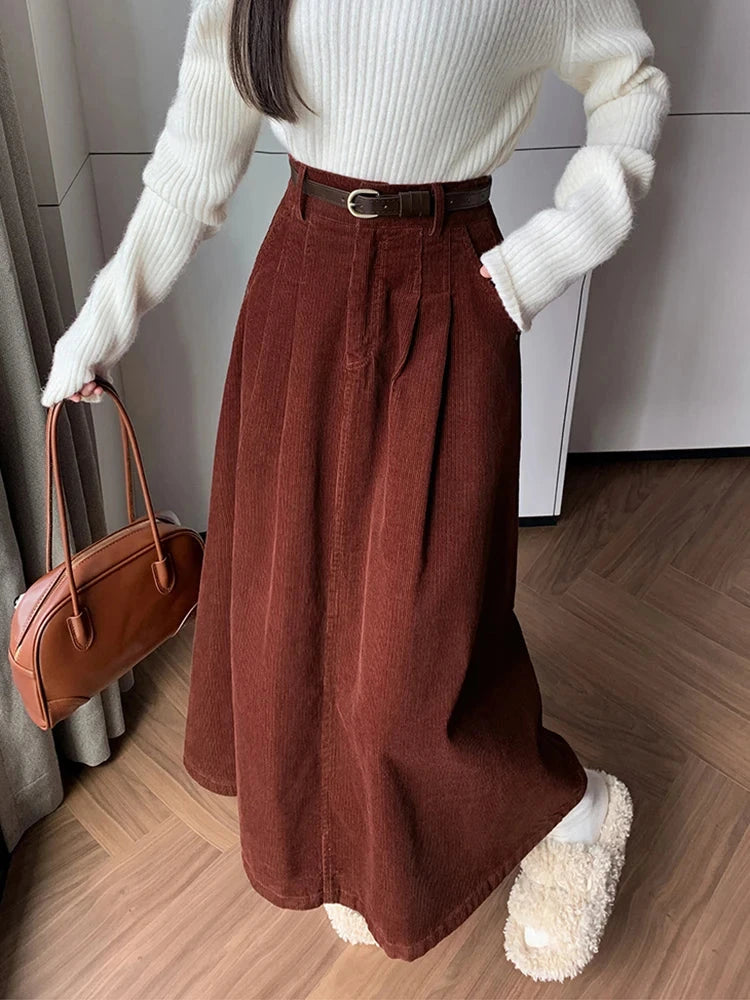 Elegant Winter Corduroy Maxi Long Skirt Women Fashion Korean Big Swing Umbrella A-line Skirts Loose Elastic Waist Falda Plisada GlowCart