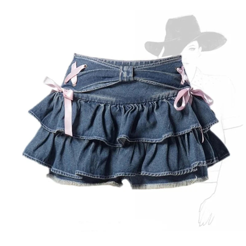Blue Denim Pleated Skirt Bow Fold Design Women's A-line GlowCart