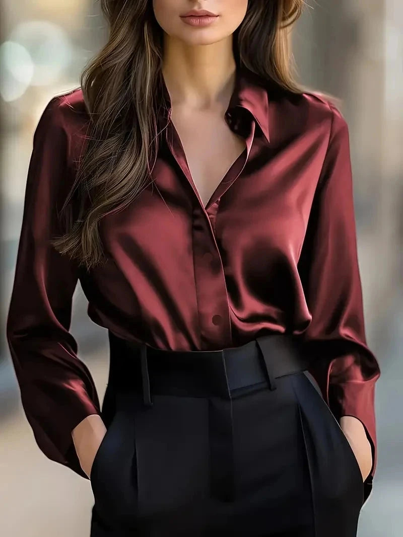 Elegant Black Satin Long Sleeve Blouse for Women  Button-Up GlowCart