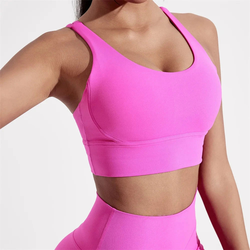 Solid Color Women Cross back Fitness sport Bra high strength Tight Top Comprehensive Training Gym Yoga Underwear With Chest Pad GlowCart