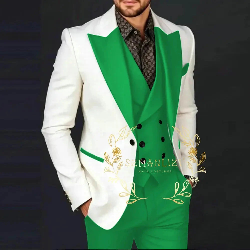 Ivory Jakcet Dark Green Vest Pant Men's 3-piece Suit Set GlowCart