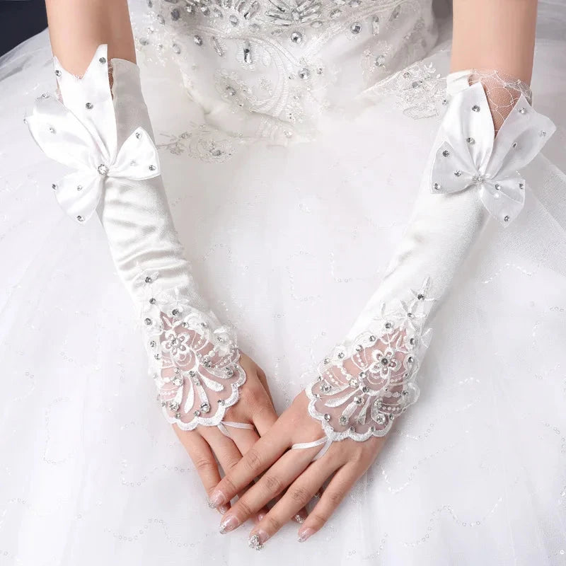 Elegant Ivory Lace Bridal Gloves with Rhinestone Bowknot GlowCart