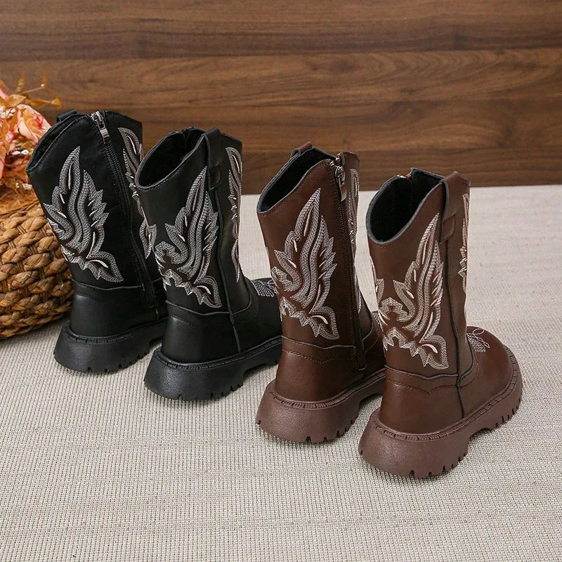 Children Leather Boots Classic Cowboy Embroidery Girls Long Booties Kids Winter Round Toe Soft Snow Shoes Fashion Snow Boots GlowCart