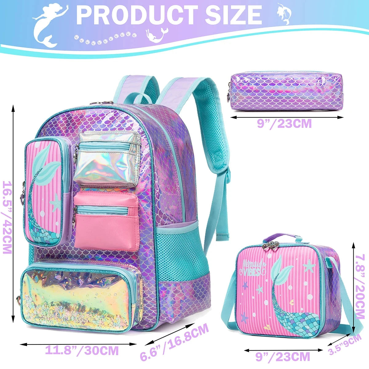 Meetbelify Mermaid Backpack for Girls Bookbag for Girls with Lunchbag and Penbag for Elementary Students GlowCart