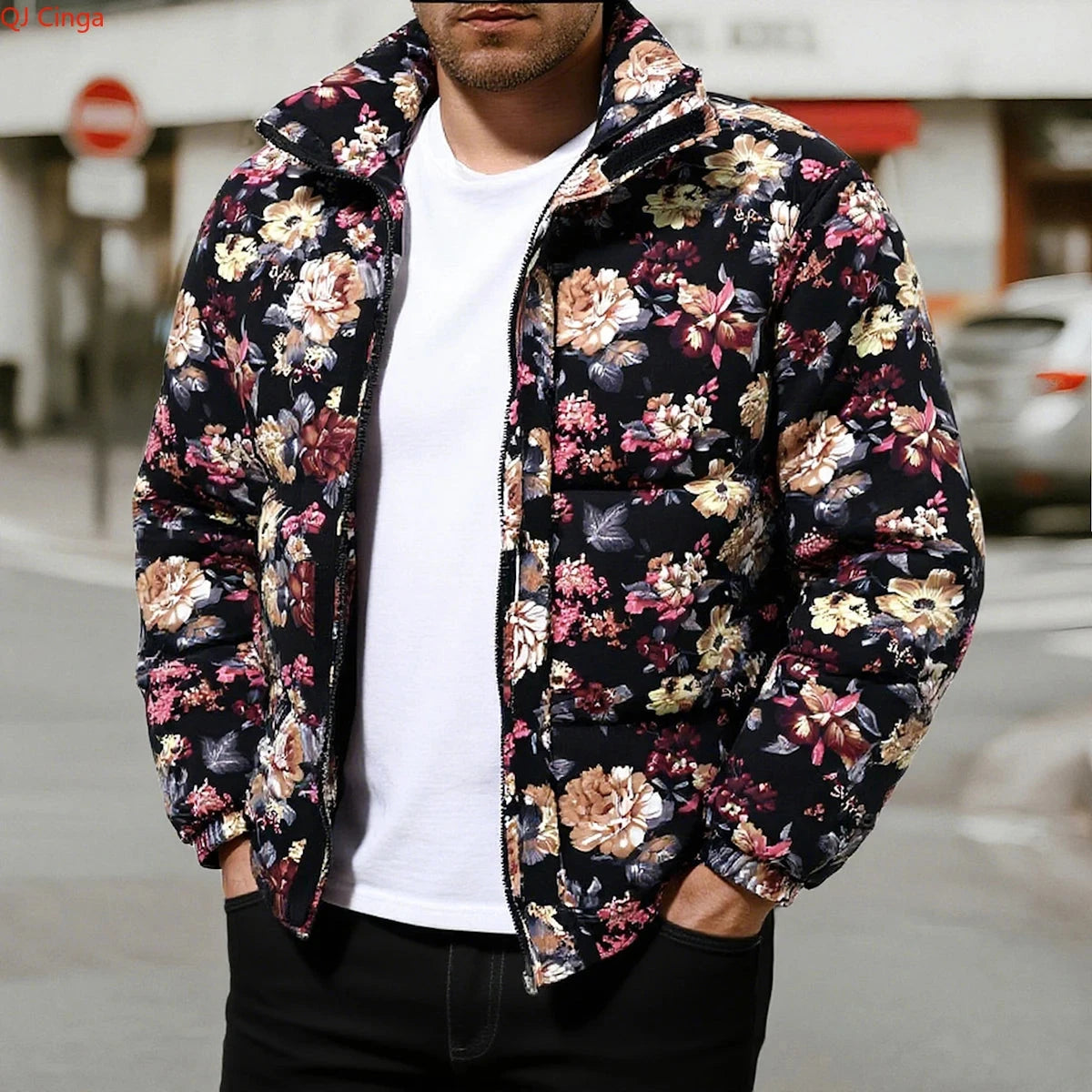 Winter Arrival Men's Beige Long-Sleeve Printed Thick Jacket, GlowCart