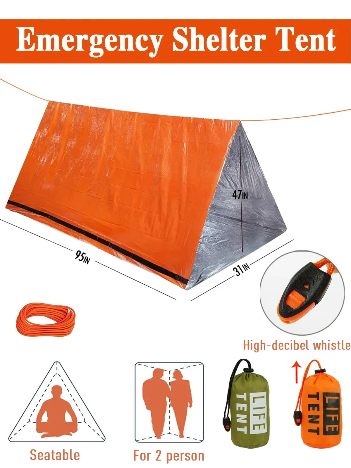 2 Person Emergency Shelter Bivy Survival Tent Kit Mylar Tube GlowCart