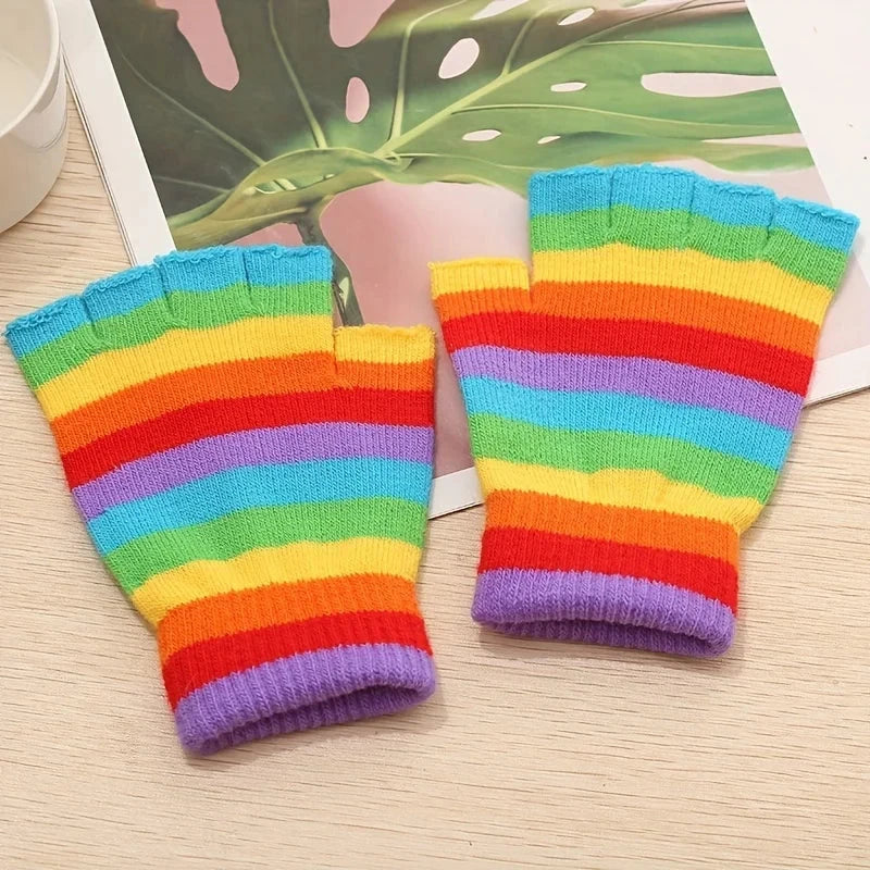 Rainbow Striped Knit Gloves, Thickened Warm Half-Finger GlowCart