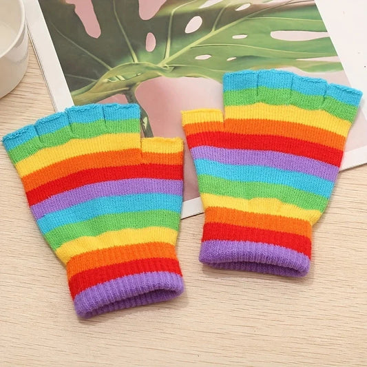 Rainbow Striped Knit Gloves, Thickened Warm Half-Finger GlowCart