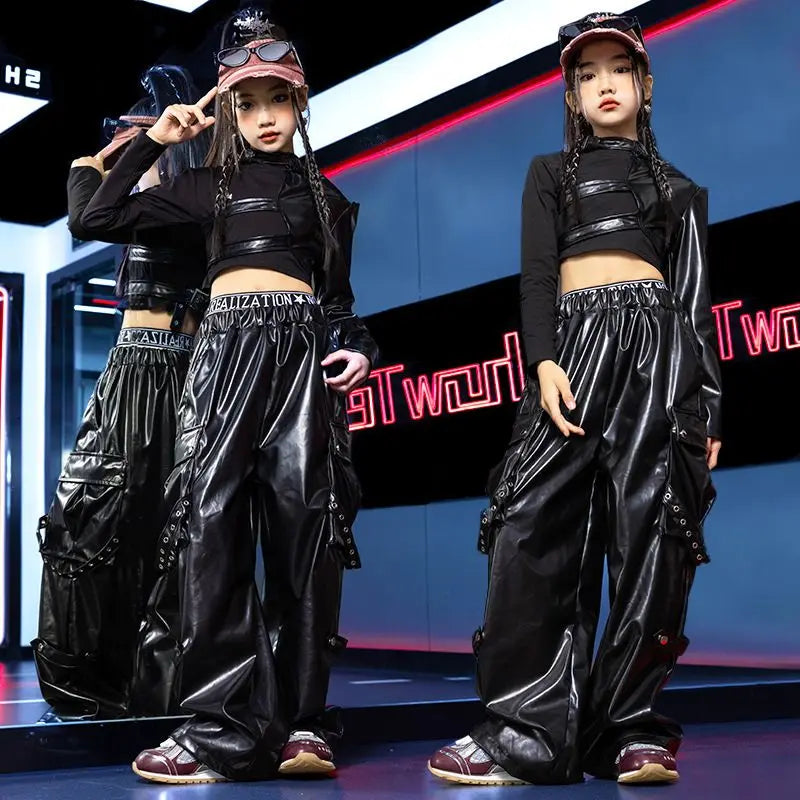 Jazz Dance Girls Clothes Kids Hip Hop Dance Costume Black Leather Crop Tops Hiphop Pants Catwalk Performance Clothing BL13600 GlowCart