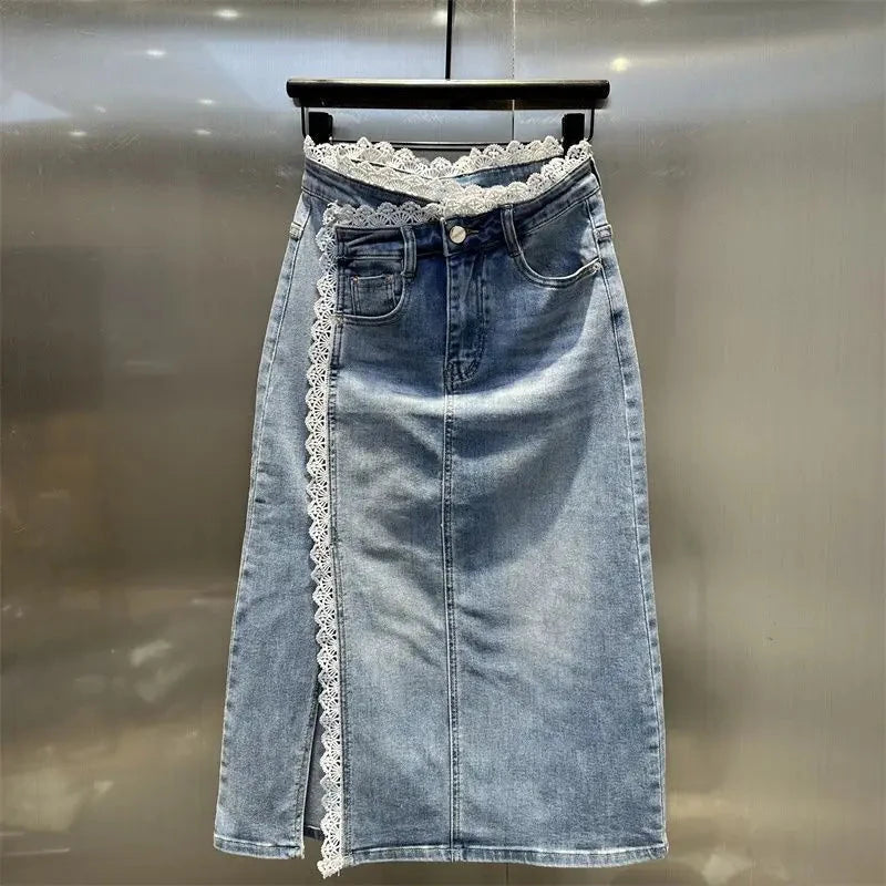 Casual High Waist Denim Skirt with Lace Trim Splice Design And Slit for Women Faionable Versatile  Skirt for Summer GlowCart
