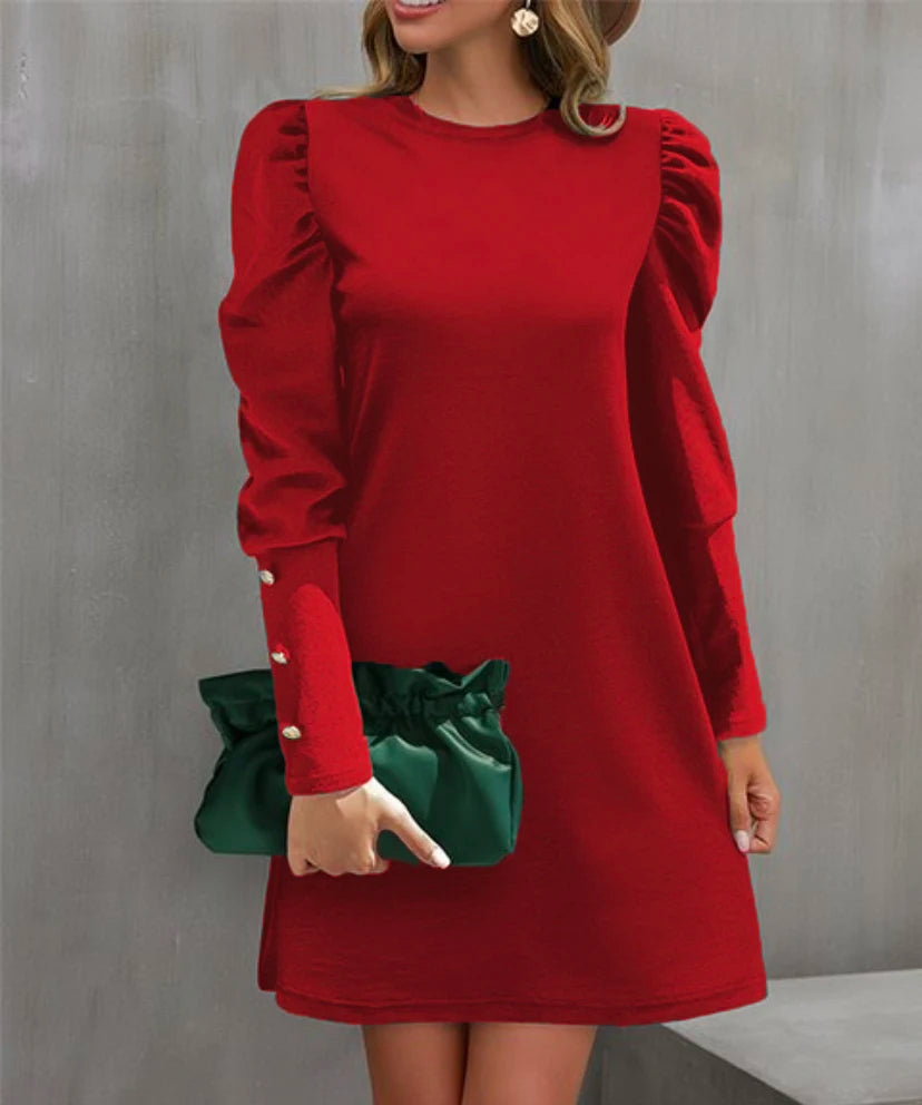 2024 European and American Cross-Border Women's Clothing Amazon Autumn and Winter New Pure Color Round Neck Puff Sleeve Button L GlowCart