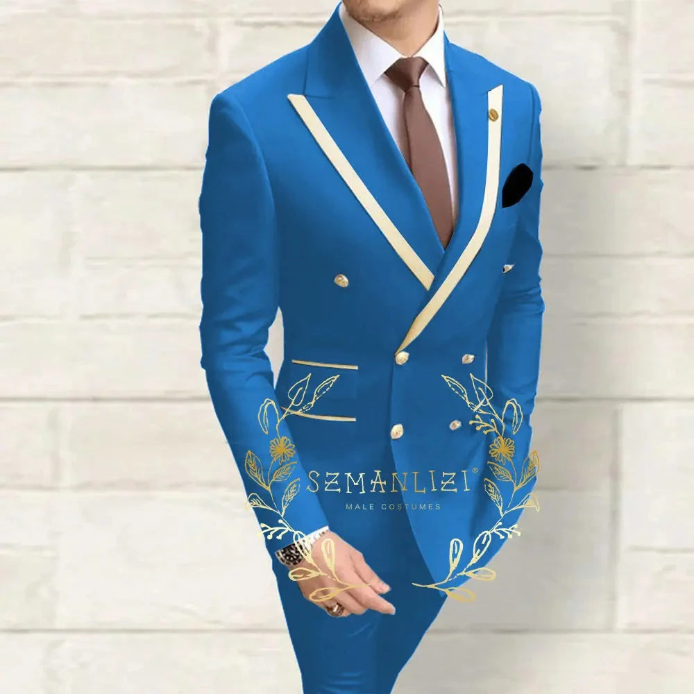 Double Breasted Men's Suits Navy Blue Peaked Lapel Slim Fit GlowCart