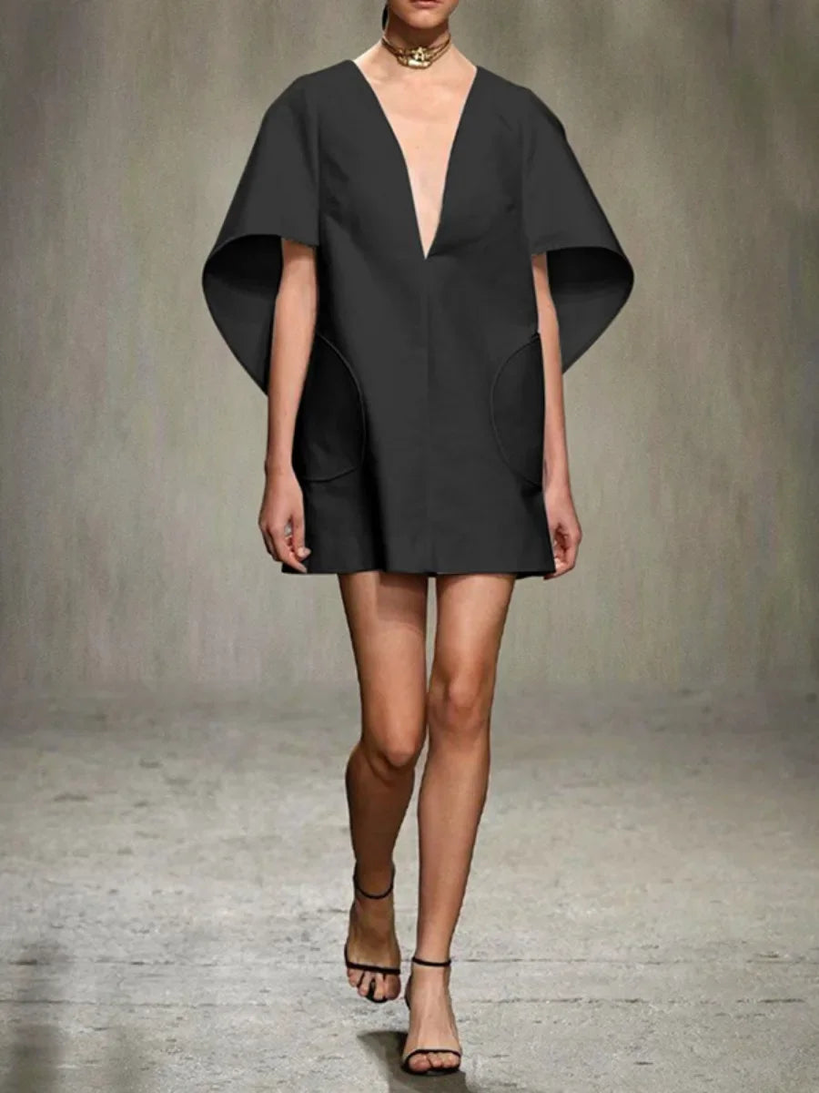 Yeezzi Fashion Black White Color Short Dress For Women 2025 New Spring Deep V-neck Half Sleeves Loose Prom Party Mini Dresses GlowCart