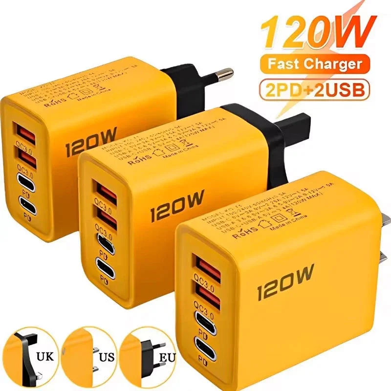 4 Ports USB C PD Charger Quick Charge 3.0 Type C USB Phone Chargers Fast Charging Adapter For iPhone 16 15 Samsung Xiaomi Huawei GlowCart