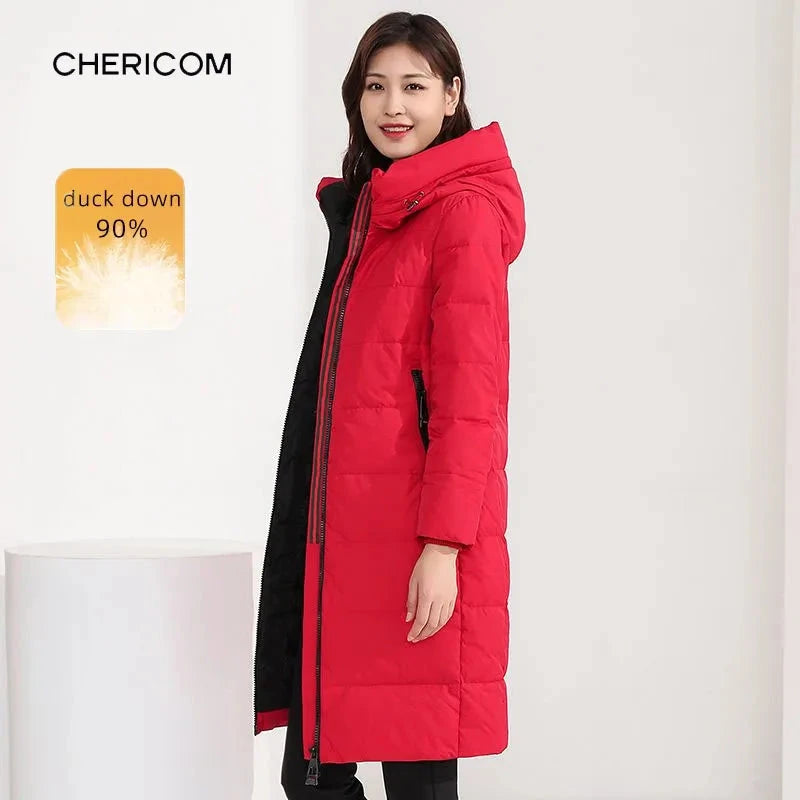 Chericom Women's Red Long Hooded Down Jacket Winter Hooded GlowCart