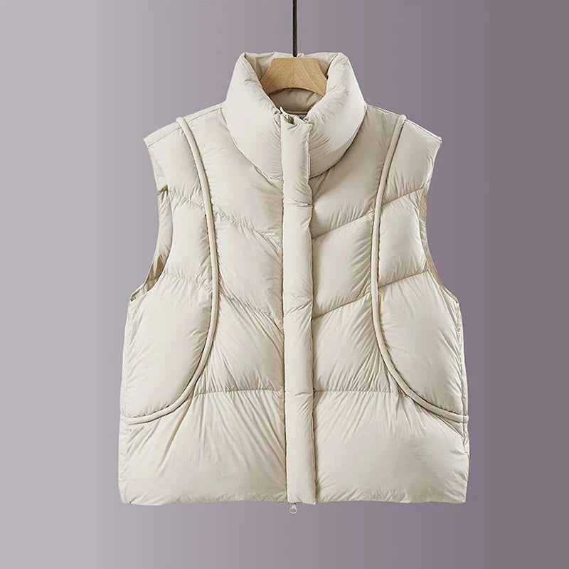Autumn Winter Stand Collar Curved Puff Down Vest Women White GlowCart