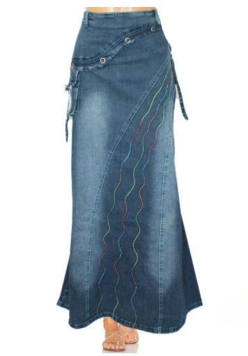 Long Skirt High Waist Vintage Print Women 2024 Autumn Temperament Patchwork Pocket Big Swing Female Denim Fishtail Skirts GlowCart