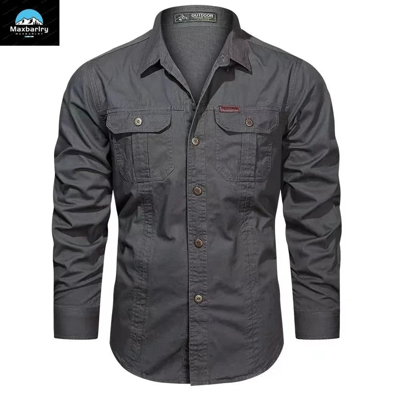 High-quality washed cotton shirt men's long-sleeved lapel GlowCart