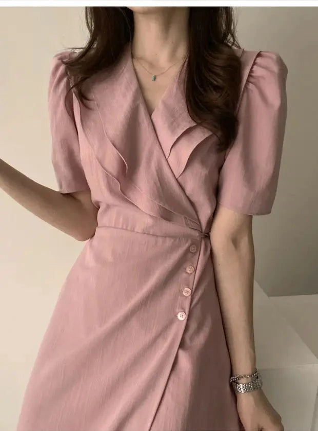 Summer New Chic V-ne Turn-down Collar Slimming Waist Midi Dr GlowCart