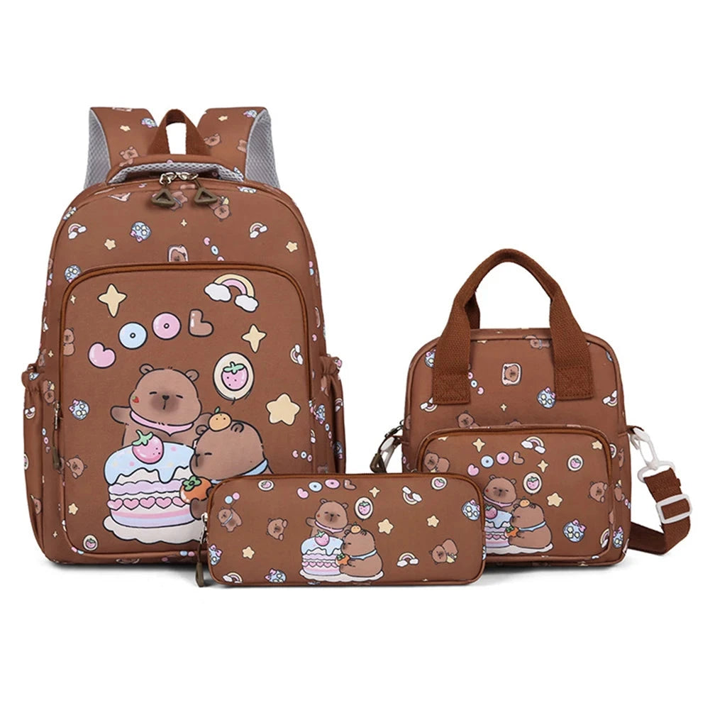 3in1 School Backpack Set Nylon Cute Bookbag Going Out Cartoon Laptop Travel Bag Breathable Back Large Capacity Cute Capybara Bag GlowCart