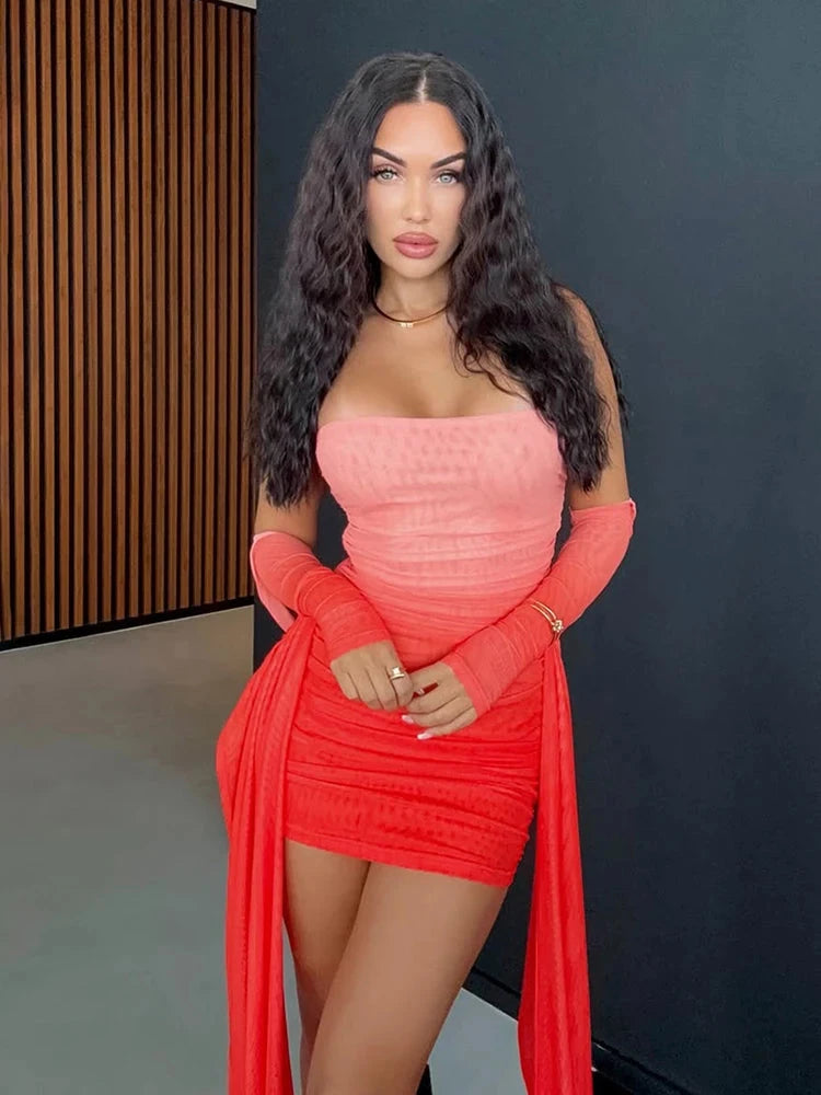 Weird Puss Sexy See Through Dress+Shawl Women Ruched Side GlowCart