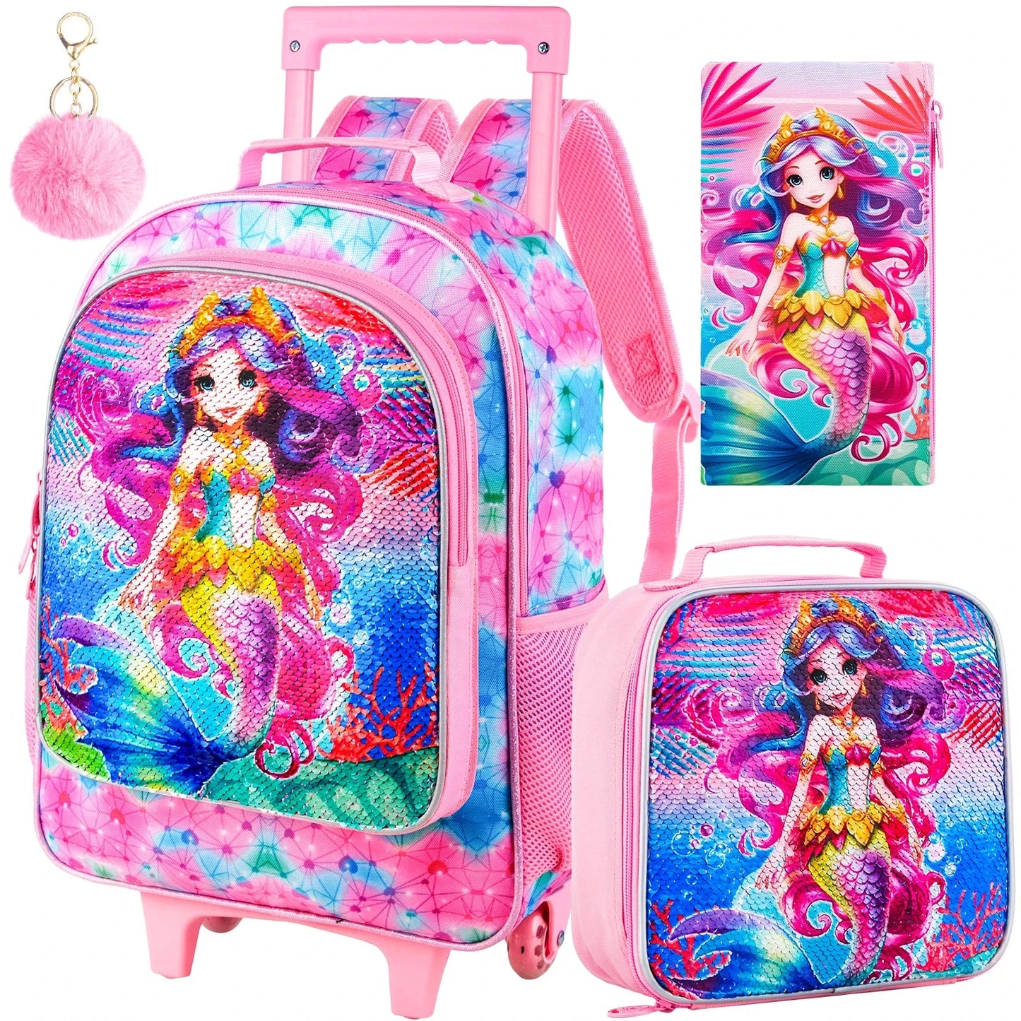 4PCS Rolling Bookbag for Girls, Cute Kids Mermaid Wheeled Backpack，Unicorn Roller School Bag with Wheels for Elementary Preschoo GlowCart