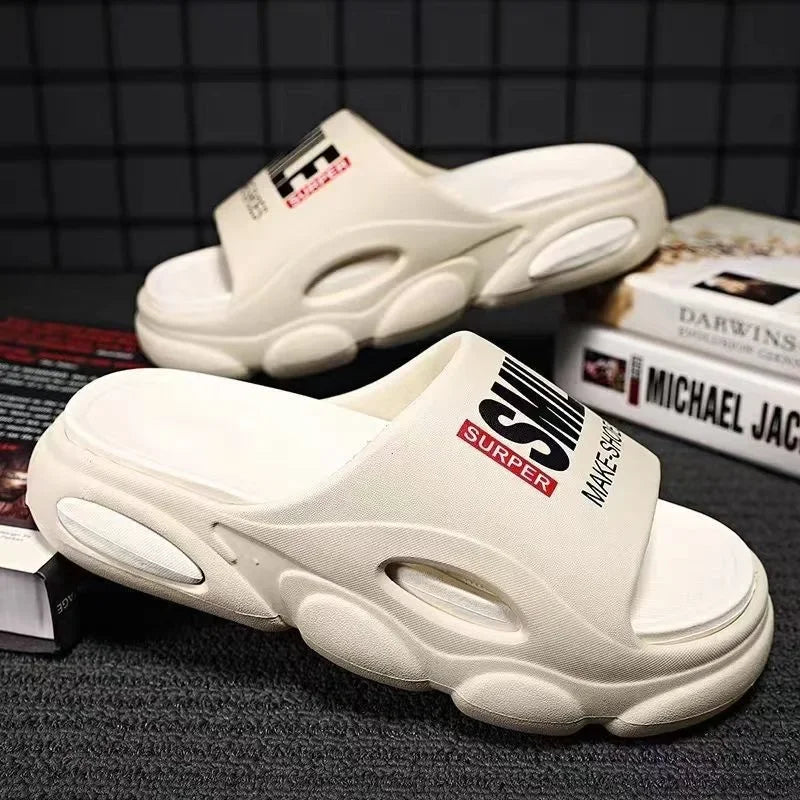 Men Thick Sole Summer Beach Slides Bathroom Anti Slip Slipper Soft Sandals Simplicity Ultra Light Letter Shoes Men Slippers GlowCart