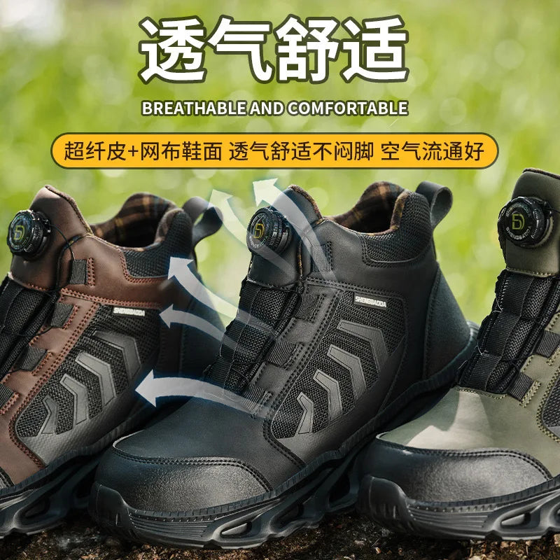 High-top men's all-season universal steel head anti-smash anti-puncture rotating buckle non-slip wear-resistant safety shoes GlowCart