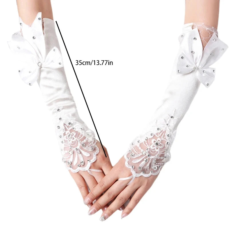 Elegant Ivory Lace Bridal Gloves with Rhinestone Bowknot GlowCart