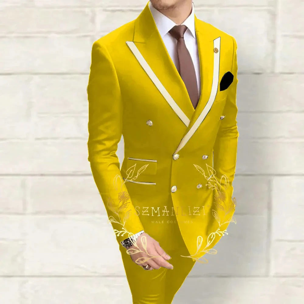 Double Breasted Men's Suits Navy Blue Peaked Lapel Slim Fit GlowCart