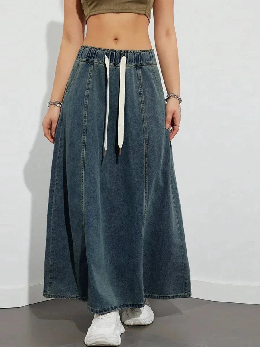 Harajuku Denim Skirt y2k Aesthetic Elastic Drawstring High Waist A Line Flare Jean Skirt Ladies Vintage Skirts Streetwear GlowCart