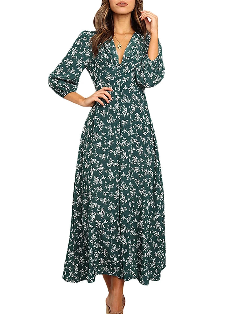 Women's Summer Bohemian Floral Print Long Maxi Dress Retro GlowCart